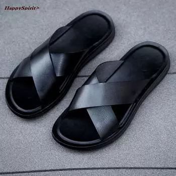 Итальянские кожаные тапочки для мужчин, новинка, пляжная летняя обувь, высокое качество, большой размер 47, легкие слипоны на плоской подошве, мужские шлепанцы