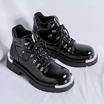 Итальянские мужские ботинки из натуральной кожи, модные, с толстой подошвой, роскошные дизайнерские короткие ботинки, противоскользящие, со шнуровкой, с круглым носком 38 чёрный