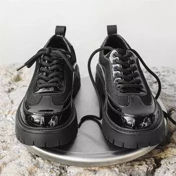 Итальянские мужские качественные лакированные туфли из модной деловой кожи, классические туфли-дерби с толстой подошвой в стиле панк, идеальная повседневная обувь для отдыха на открытом воздухе 38 чёрный