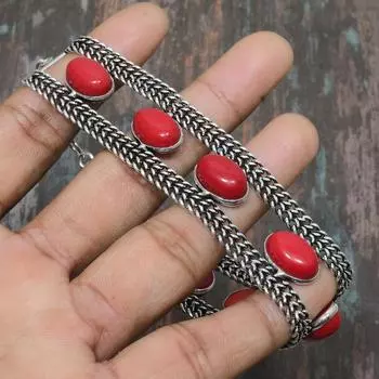 Итальянский браслет из стерлингового серебра 925 пробы с драгоценным камнем из красного коралла ручной работы на День Благодарения 7-8 Inches красный