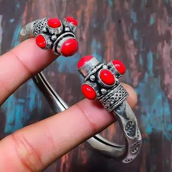 Итальянский Красный Коралловый Драгоценный Камень Стерлингового Серебра 925 Ручной Работы Уникальный Браслет Манжета Регулируемый Adjustable красный