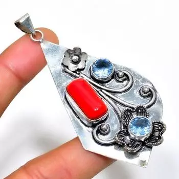 Итальянский кулон с серебряным покрытием 925 пробы, красный коралл, синий топаз, 2,84 дюйма 2.84 красный