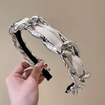 Итальянский жидкий металл, скрученная цепь, повязка на голову, авангард, унисекс, геометрическая цепь, аксессуары для волос, футуристический минималистичный головной убор