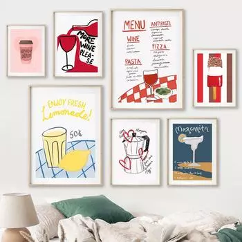 Итальянское меню, плакаты и принты со свежей лимонной едой, настенное искусство, холст, больше вина, пожалуйста, фотографии для кухни, гостиной, домашнего декора 21x30cm No Framed белый