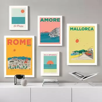 Italian Beach Swimming Pool Art Print Poster Mallorca Rome Summer Illustration Amalfi Coast Sunset Canvas Painting Room Decor 21x30cm No Framed