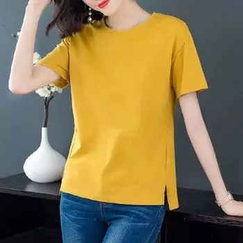 Italian Brand Cut Label Classy Pure Cotton Women s Summer Short Sleeve round Neck Younger Fashion plus Size Loose Top Outwear Yellow [pure color]] M