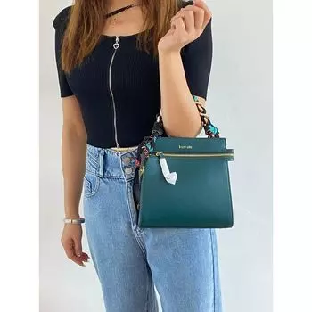 Italian Fashion Fashion Cattlehide Leather Bag Female Genuine Leather Portable Crossbody Bag Texture Sweet Lady Sexy Silk Scarf Dark green