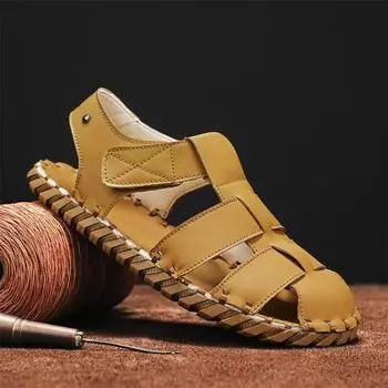 Italian Handmade Casual Leather Summer Shoes Men High Quality Classic Breathable Sandals Soft Bottom Waterproof Walking Sandals 39 бежевый