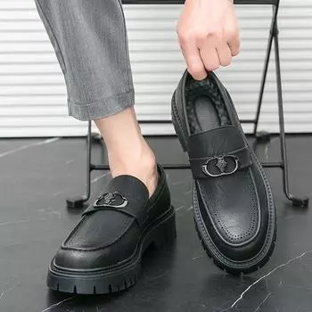 Italian High-end Leather Slip-on Shoes Mens Business Dress Square Toe British Slip-On Formal Casual Loafer Oxford Shoes Wedding 38 чёрный