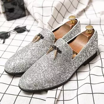 Italian Luxury Glitter Loafers Shoes Mens Silver Sequin Shoes Plus Size 46 Dress Weddings Shoes For Men Pointed Toe Formal Shoe 38
