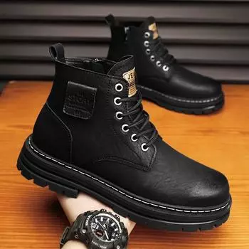 Italian Men Casual Leather Boots 2024 New Classic Flat Designer Antiskid Ankle Boots Platform Rubber Lace-up Round Toe Boots 39 чёрный