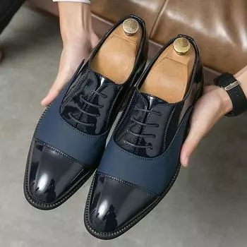 Italian Mens Black Blue Dress Shoes Wedding Genuine Leather Lace Up Mens Oxford Shoes Brogue Classic Business Men Formal Shoes 38 чёрный