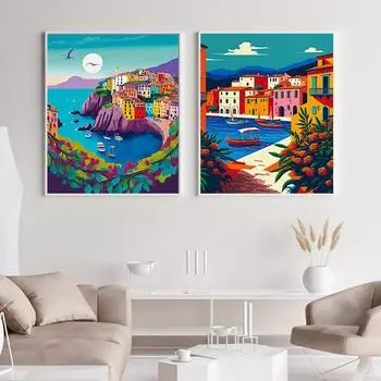Italy Art Landscape Poster Seascape Oil Painting Abstract Wharf Cruise Canvas Print Living Room Home Decor Set Of Two Poster 21x30cm No Framed