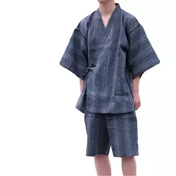 item Jinbei Хлопковая льняная пижама Стильная домашняя одежда Верхний и нижний комплект пижамы Летний подарок на каждый день Полосатый L No-brand Мужская отцовская темно-синяя,
