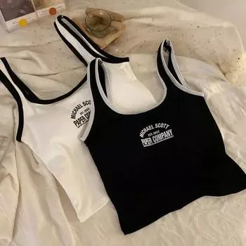 ITOOLIN хлопковые эластичные женские топы на бретелях с буквенным принтом, однотонные повседневные майки с квадратным вырезом и подкладкой для бюстгальтера, женский топ без рукавов One Size белый