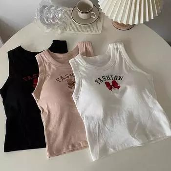 ITOOLIN Хлопковые женские топы для бега с бюстгальтером и круглым вырезом с бантом и буквенным принтом, однотонные эластичные топы на бретелях, женские топы One Size белый