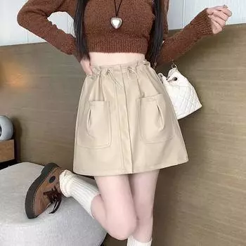 ITOOLIN осень-зима женские шикарные юбки из искусственной кожи с двумя карманами и высокой талией трапециевидная юбка для женщин облегающая вечерние мини-юбка 2023