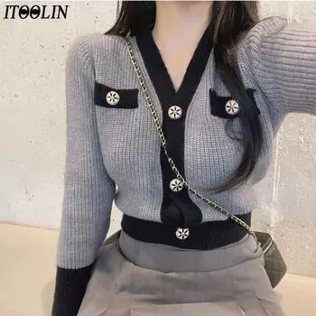 ITOOLIN осенний женский повседневный кардиган, свитера с v-образным вырезом и пуговицами, вязаный тонкий кардиган, свитера, пальто для женщин, теплые свитера, пальто One Size чёрный