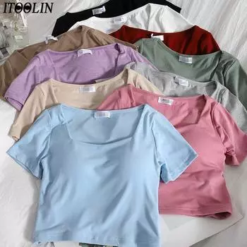 ITOOLIN Повседневная женская футболка со встроенным бюстгальтером, милые укороченные топы с короткими рукавами, вязаная футболка для женщин, тонкие однотонные топы, летние