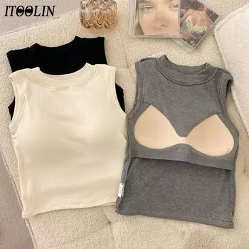 ITOOLIN спортивные женские майки с подкладкой для бюстгальтера, повседневные укороченные топы, весенние топы для бега, трикотажные хлопковые женские тонкие майки