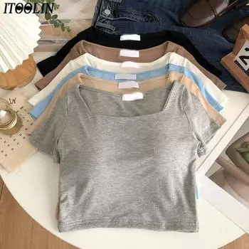 ITOOLIN укороченный топ со встроенным бюстгальтером, женская хлопковая однотонная футболка с круглым вырезом, летние повседневные женские облегающие топы с короткими рукавами 2023 One Size чёрный