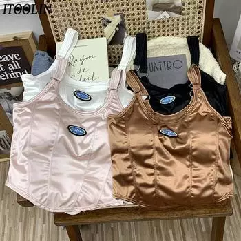 ITOOLIN Y2K плечевой ремень, железное кольцо, майки, дизайнерский принт, вязаные короткие майки с буквенным принтом и подушечкой для бюстгальтера