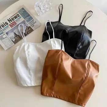 ITOOLIN Y2K Женский топ на бретелях из искусственной кожи, нижнее белье, бюстгальтер с мягкой подкладкой, женский топ с эластичным кружевом сзади, тонкий короткий топ без рукавов, уличная одежда One Size чёрный