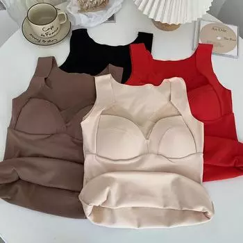 ITOOLIN женские бархатные топы на бретелях, бесшовный бюстгальтер, нижнее белье с подкладками для бюстгальтера, укороченные топы для женщин, плюшевые утолщенные теплые топы, зимние S красный