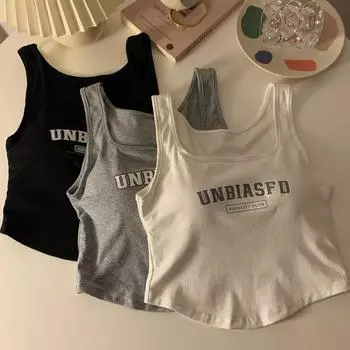 ITOOLIN женские базовые повседневные майки с буквенным принтом и квадратным вырезом, тонкие майки для бега с подушечками для бюстгальтера, универсальные One Size белый