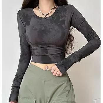 ITOOLIN женские футболки с принтом тай-дай, тонкие сексуальные укороченные рубашки, футболка с длинными рукавами и круглым вырезом, уличные женские топы, весна-лето 2024