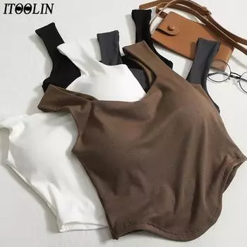 ITOOLIN женские хлопковые майки с подкладкой для бюстгальтера, повседневные укороченные топы с рюшами по краю, вязаные майки для женщин