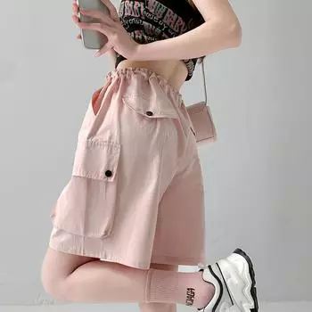 ITOOLIN женские хлопковые шорты трапециевидной формы с высокой талией, свободные спортивные прямые шорты с карманами, женские повседневные брюки, лето 2024 S чёрный