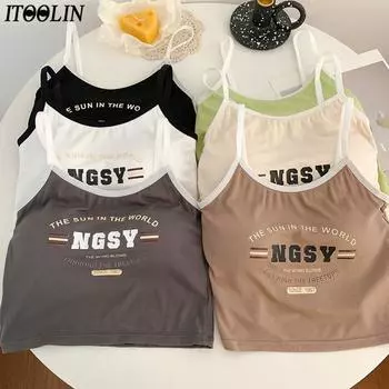 ITOOLIN женские майки с буквенным принтом и бюстгальтером, хлопковые эластичные топы с открытой спиной для женщин