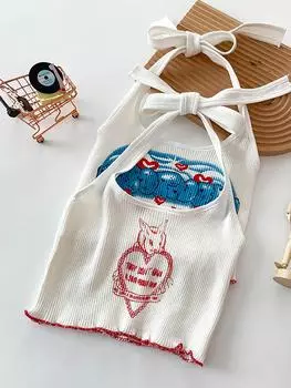 ITOOLIN женские милые топы с лямкой на шее с принтом, вязаные повязки Kawaii, японские топы с v-образным вырезом и завязками One Size красный