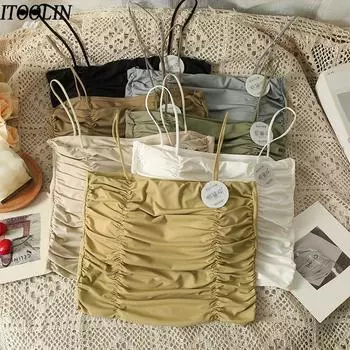 ITOOLIN женские милые укороченные топы из ледяной шелковой ткани, шикарные складные майки с подкладкой для бюстгальтера, топы-спагетти, сексуальные топы с открытой спиной для женщин, камзол Fit For 40-60kg чёрный