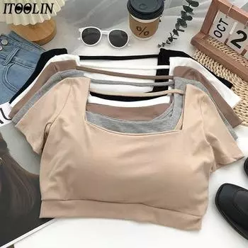 ITOOLIN женские милые укороченные топы, встроенный бюстгальтер, сексуальная футболка с открытой спиной, трикотажные летние топы с разрезом на шее, с коротким рукавом для женщин, милые топы One Size чёрный