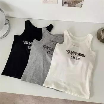 ITOOLIN женские открытые топы на бретелях с буквенным принтом и подкладкой для бюстгальтера, хлопковые однотонные укороченные топы для женщин, вязаные топы с открытыми плечами One Size белый