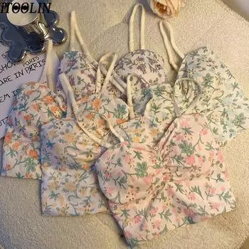 ITOOLIN женские плиссированные укороченные топы с подкладкой для бюстгальтера вязаные майки летние майки с открытой спиной милые топы на бретелях для женщин 2023