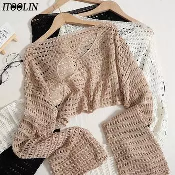 ITOOLIN женские сексуальные открытые вязаные топы с круглым вырезом шикарная трикотажная рубашка с длинными рукавами летняя повседневная женская пляжная тонкая рубашка 2023
