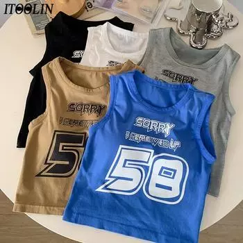 ITOOLIN женские топы на бретелях с буквенным принтом и подкладкой для бюстгальтера, вязаные укороченные топы, повседневные летние топы без рукавов для женщин