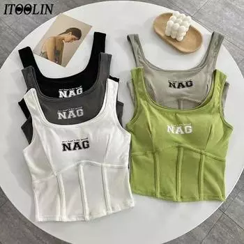 ITOOLIN женские топы на бретелях с принтом и подкладкой для бюстгальтера Y2K, укороченные топы с открытой спиной, вязаные спортивные топы для женщин, летние повседневные майки