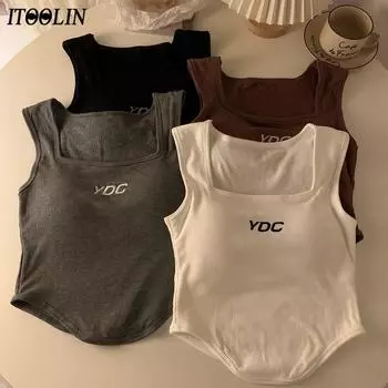 ITOOLIN женские топы на бретелях с вышивкой и подушечками для бюстгальтера, повседневные укороченные топы, летние майки с открытой спиной для женщин, трикотажные майки нерегулярной формы Fit For 40-60kg чёрный