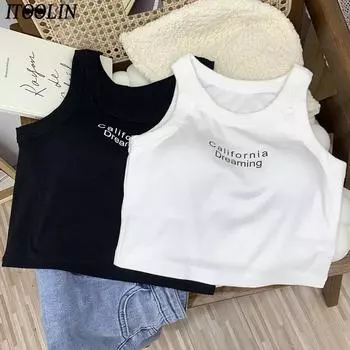 ITOOLIN женские трикотажные топы на бретелях с дизайнерским принтом и буквенным принтом, хлопковые топы без рукавов для женщин с подкладкой для бюстгальтера One Size белый