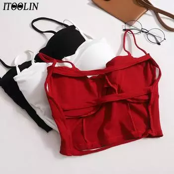 ITOOLIN женские укороченные топы, летние милые однотонные майки с бюстгальтером, спагетти, сексуальные топы на бретелях с открытой спиной, тонкие топы на бретелях для женщин