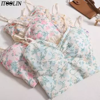 ITOOLIN женские винтажные милые майки с подкладкой для бюстгальтера трикотажные майки с открытой спиной летние плиссированные для женщин Fit For 40-60kg синий