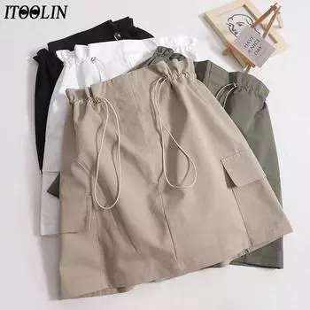 ITOOLIN женские винтажные юбки на шнурке Повседневная облегающая юбка трапециевидной формы с высокой талией и карманами летняя для женщин вечерние мини-юбка