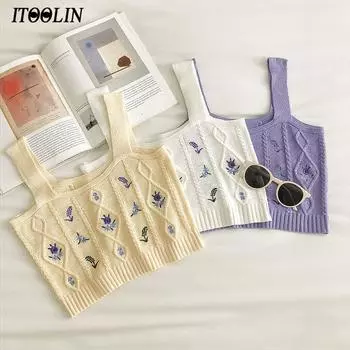 ITOOLIN Женские вязаные укороченные топы с цветочной вышивкой Женские повседневные топы-трубы One Size фиолетовый