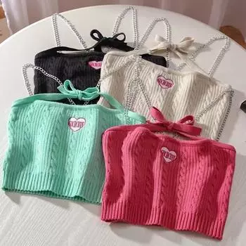 ITOOLIN женские зеленые Y2k с металлическими цепочками сексуальные топы в рубчик трикотажные укороченные топы женские однотонные майки с лямкой на бретельках One Size розовый