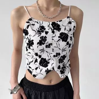 ITOOLIN женский тонкий сексуальный укороченный топ с цветочным принтом, сладкий топ на бретелях, нижнее белье, бюстгальтер-спагетти, милый топ, плиссированные повседневные майки, летние One Size чёрный