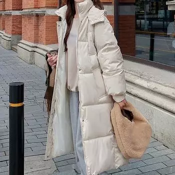 ITOOLIN женское осенне-зимнее повседневное пуховое пальто на пуговицах с карманами из плотного хлопка, теплое длинное пальто с капюшоном, парки с длинными рукавами, офисное пальто S чёрный